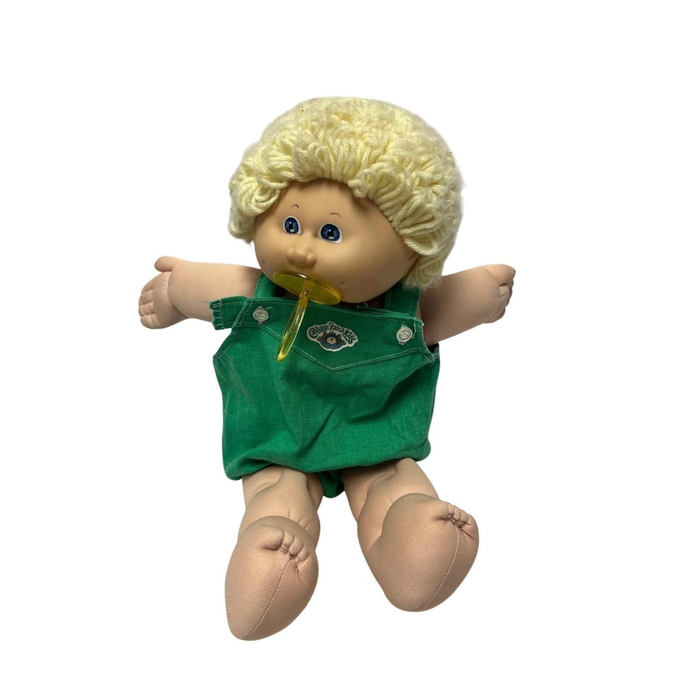 Vtg Cabbage Patch Kids Doll Blonde Yarn Hair Blue Eyes Romper Paci 1984 Signed